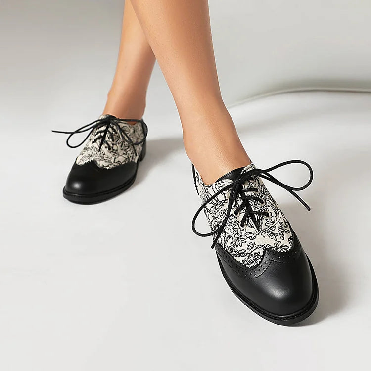 Floral Pattern Canvas Patchwork Lace Up Round Toe Casual Oxfords