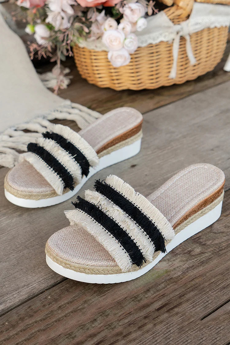 Tassels Trim Striped Alpercatas Plataforma Cunha Chinelos Ao Ar Livre