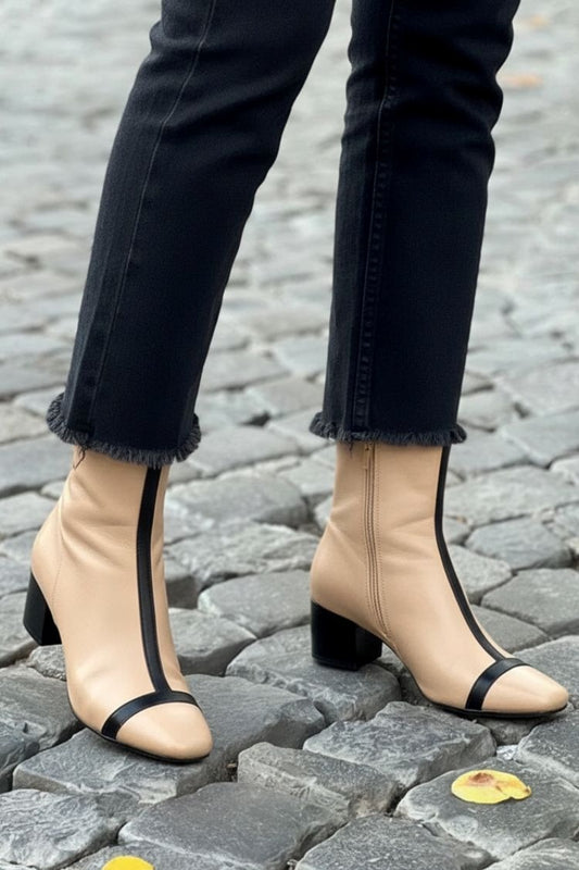 Round Toe Colorblock Side Zip Versatile Block Heel Ankle Boots [Pre Order]