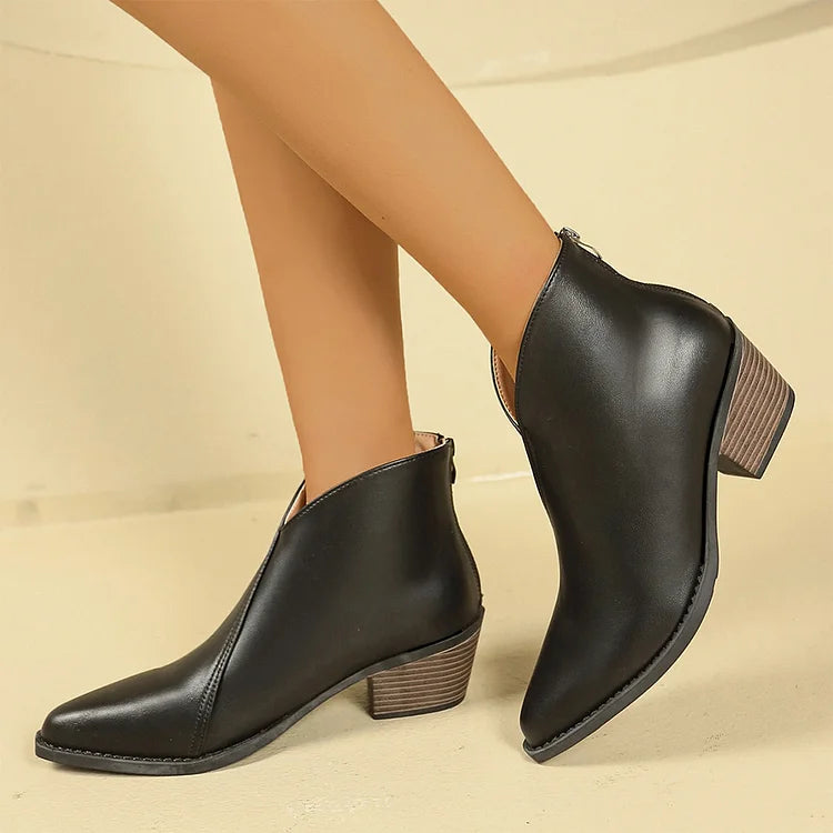 Solid Color Patchwork Zipper Pointed Toe Chunky Heel Ankle Boots