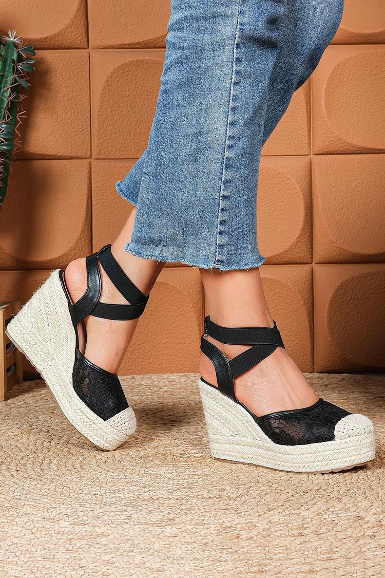 Sandali casual con zeppa, punta rotonda, cinturino incrociato e patchwork in pizzo 