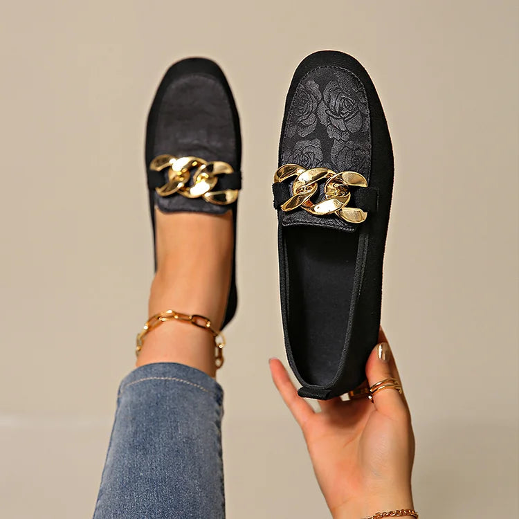 Floral Jacquard Patchwork Metal Chain Decor Round Toe Loafers