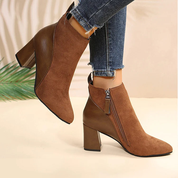 Patchwork Pointed Toe Chunky Heel Zipper Ankle Boots