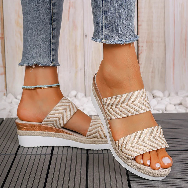 Woven Pattern Double Instep Belt Platform Wedge Espadrille Slippers