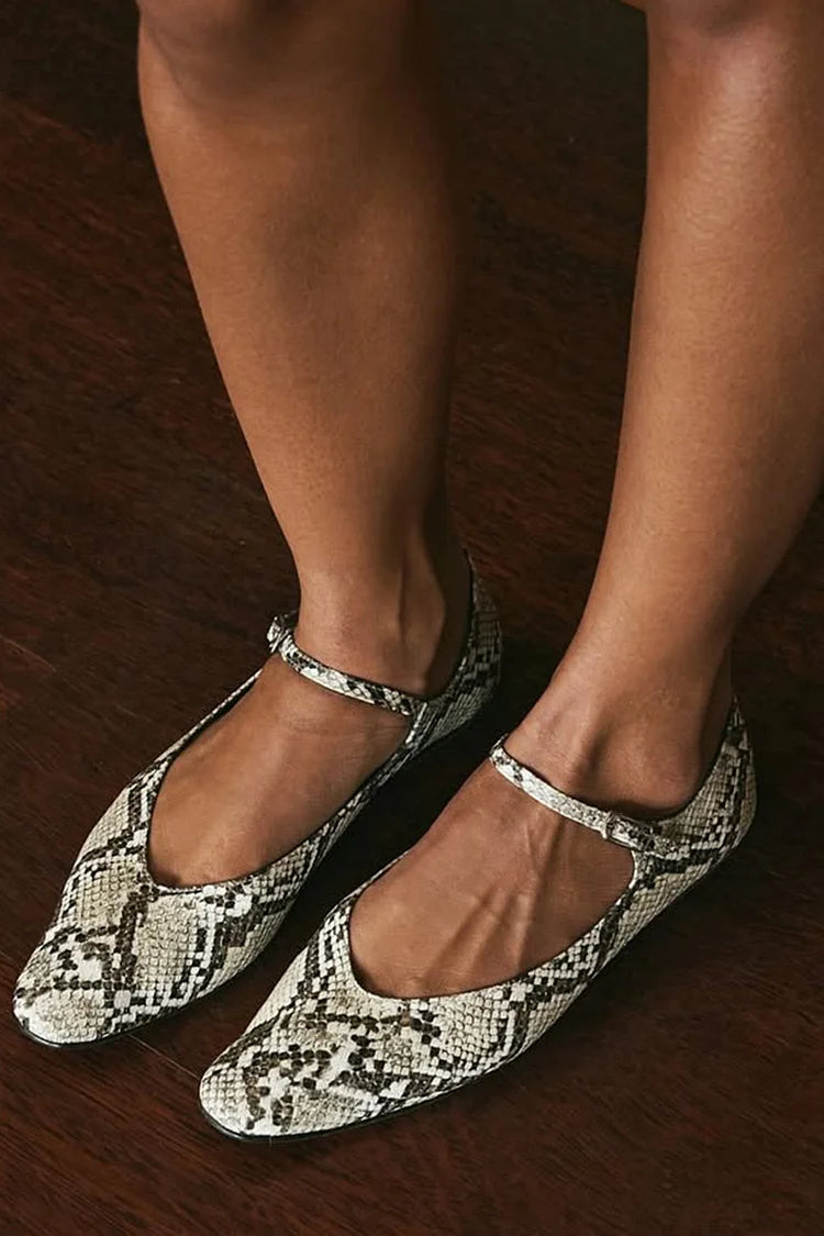 Snake Print Instep Strap Pointed Toe White Flats [Pre Order]