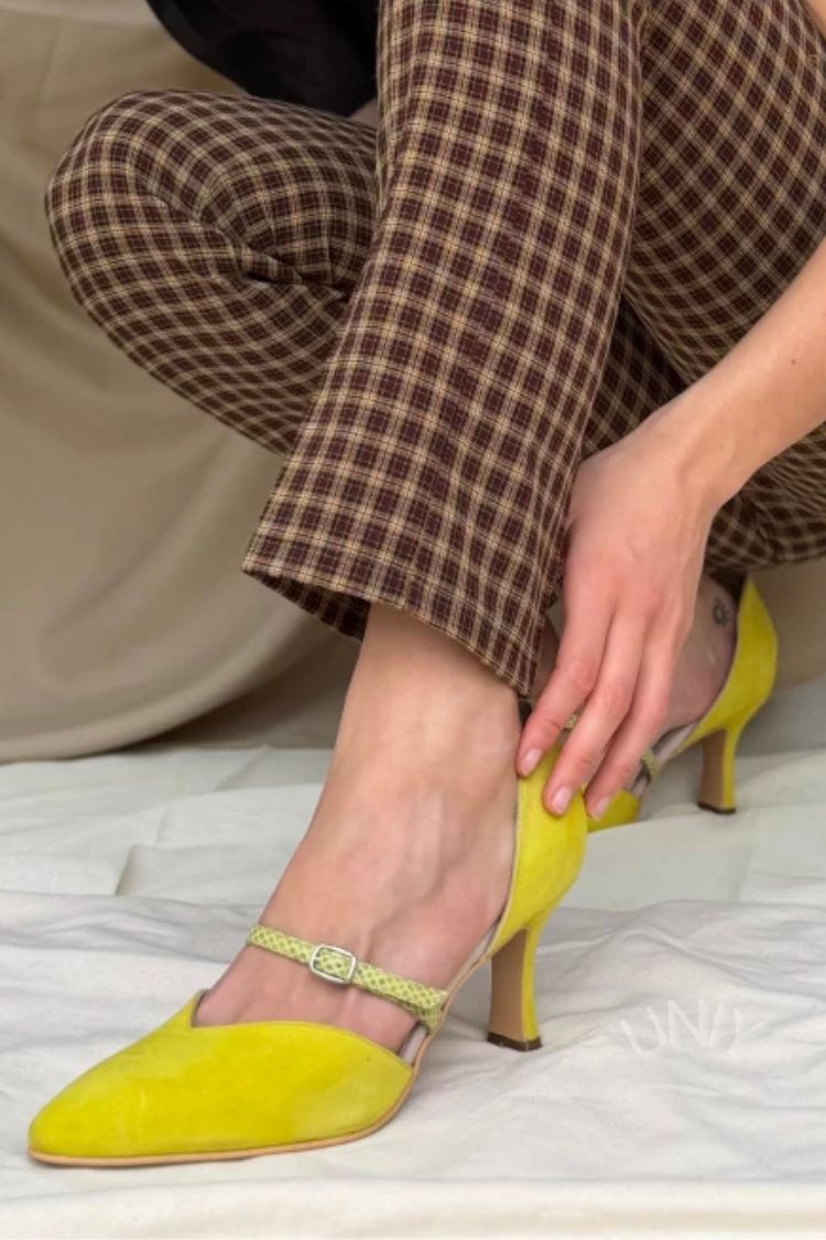 Chic Yellow Suede Mary Jane Strap Pointed Toe Kitten Heels [Pre Order]