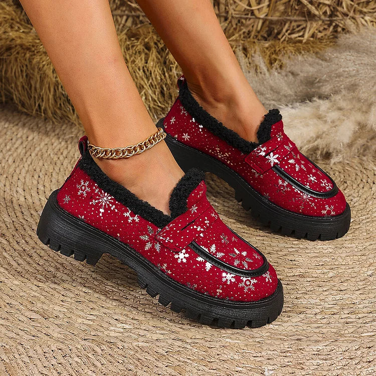 Christmas Snowflake Print Faux Fur Lined Round Toe Low Block Heel Loafers