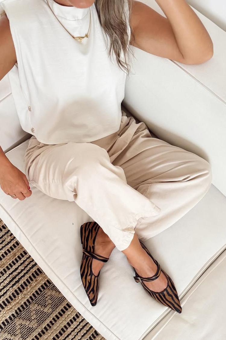 Zebra Print Instep Strap Buckle Pointed Toe Brown Flats [Pre Order]