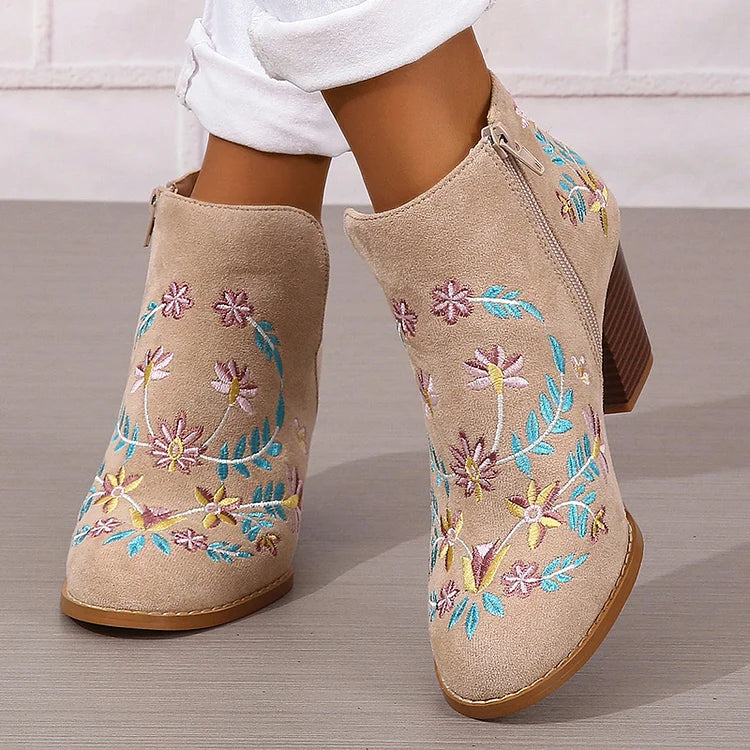 Floral Leaf Embroidery Round Toe Zipper Chunky Heel Ankle Boots