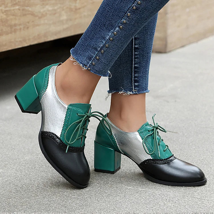 Lace Up Colorblock Round Toe Chunky Heel Brogue Oxfords
