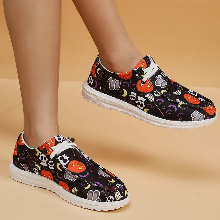 Halloween Element Pumpkin Ghost Skull Print Lace Up Canvas Casual Shoes