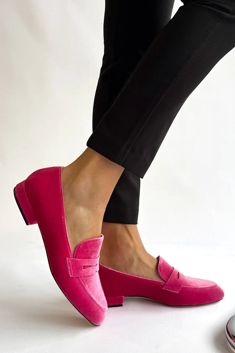Solid Color Patchwork Round Toe Fuchsia Loafers [Pre Order]