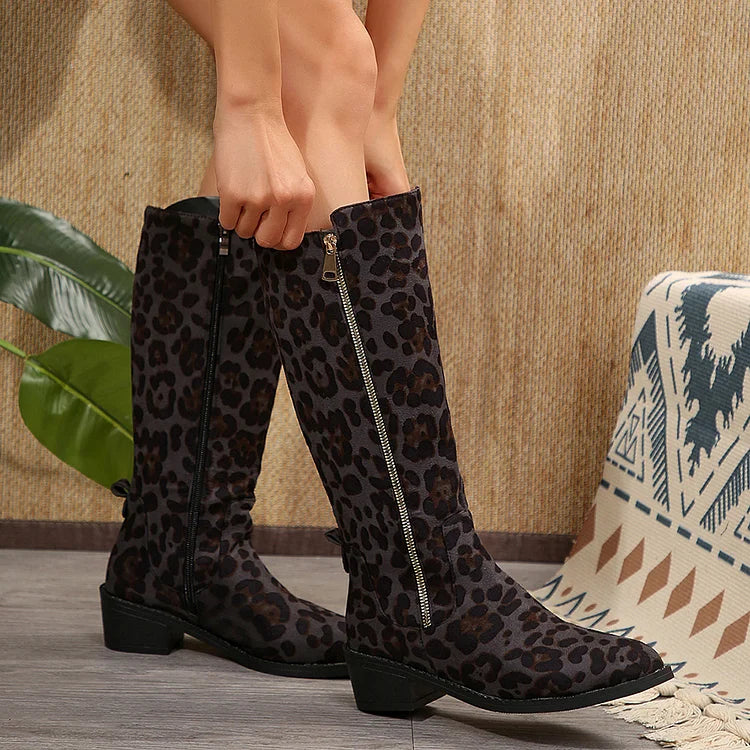 Leopard Print Zipper Pointed Toe Chunky Heel Mid Calf Boots