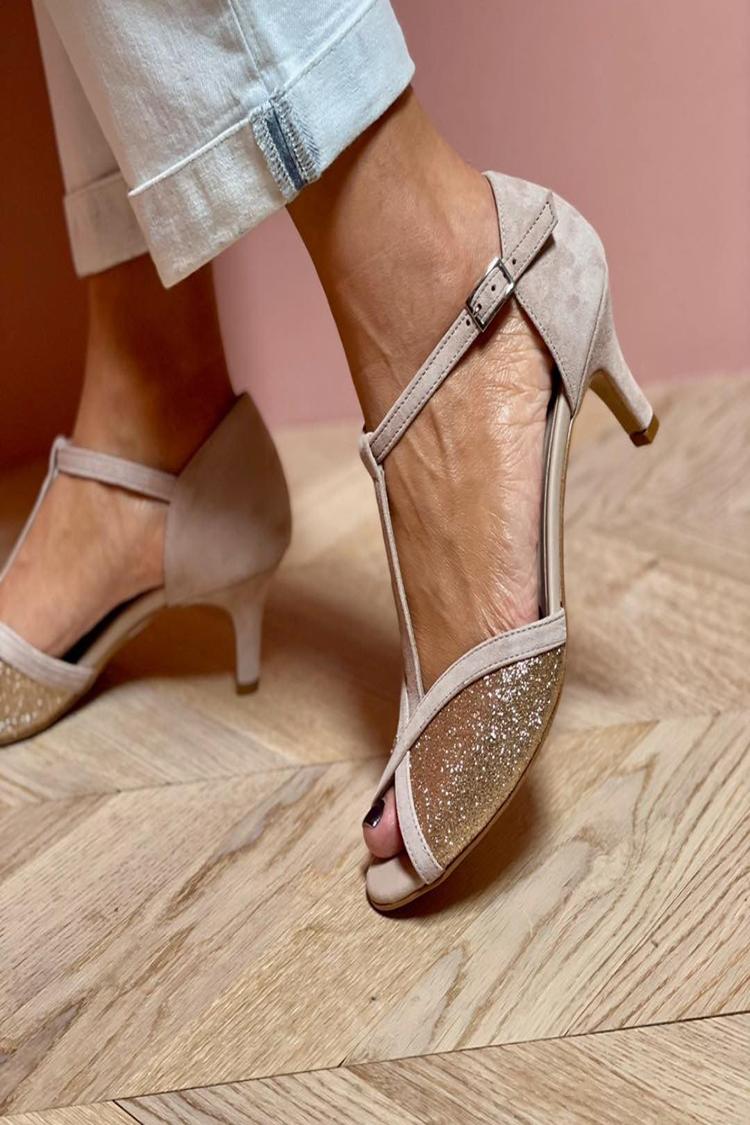 T-Strap Buckle Glitter Peep Toe Khaki Stiletto Heels [Pre Order]