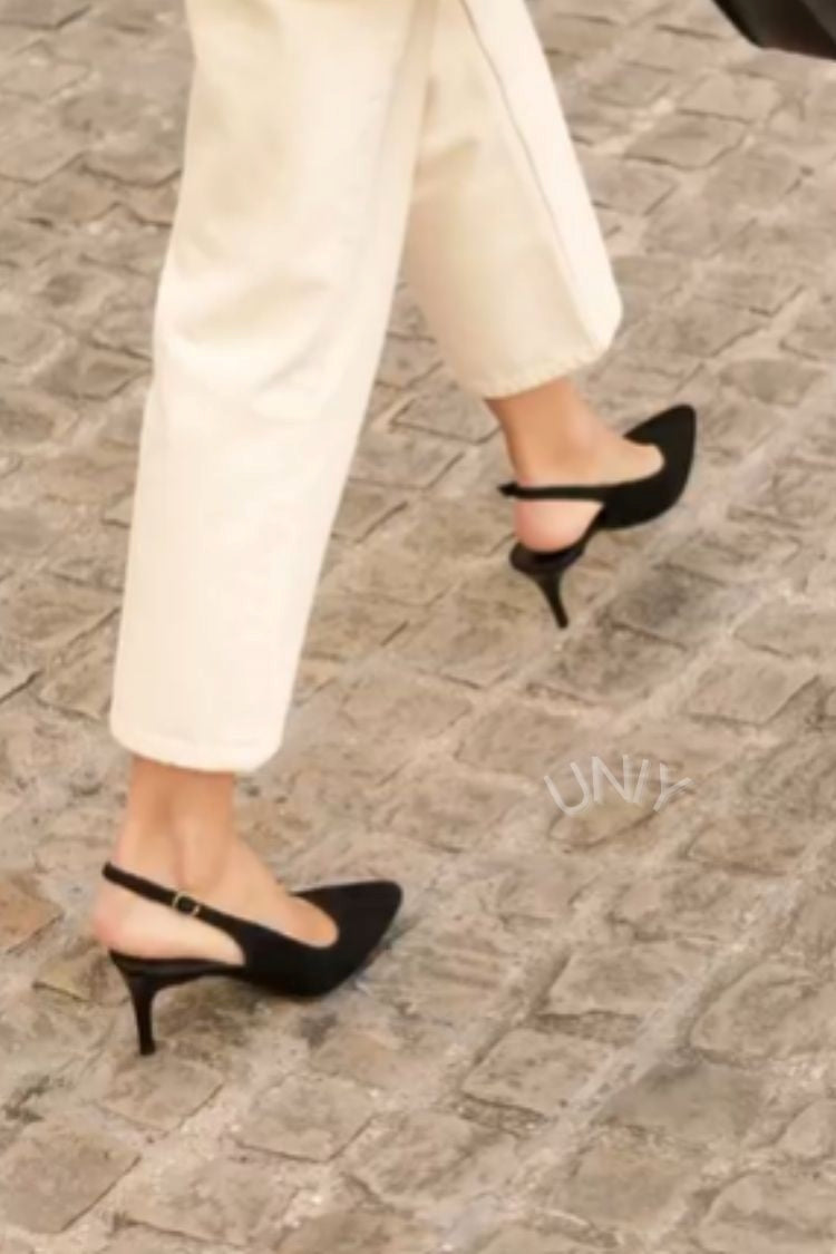 Minimalist Black Suede Pointed Toe Slingback Kitten Heels [Pre Order]