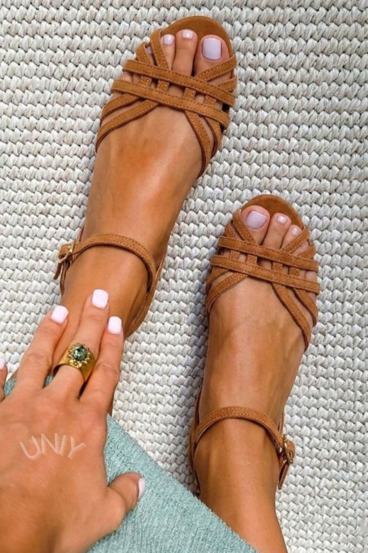 Vintage Tan Suede Multi Strap Ankle Buckle Flat Sandals [Pre Order]
