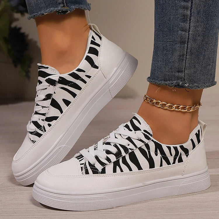 Zebra Print Patchwork Round Toe Casual Lace Up Tênis