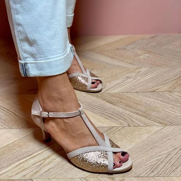 Patchwork T-Strap Fivela Glitter Peep Toe Taupe Salto gatinho