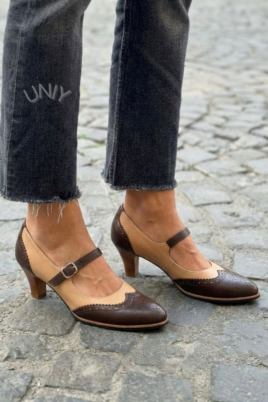 Vintage Two Tone Brogue Block Heel Mary Jane Pumps [Pre Order]
