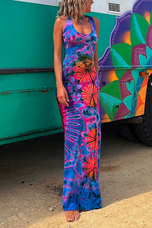 Vestido largo estilo camisola con efecto tie-dye y espalda descubierta, cruzado y cruzado 