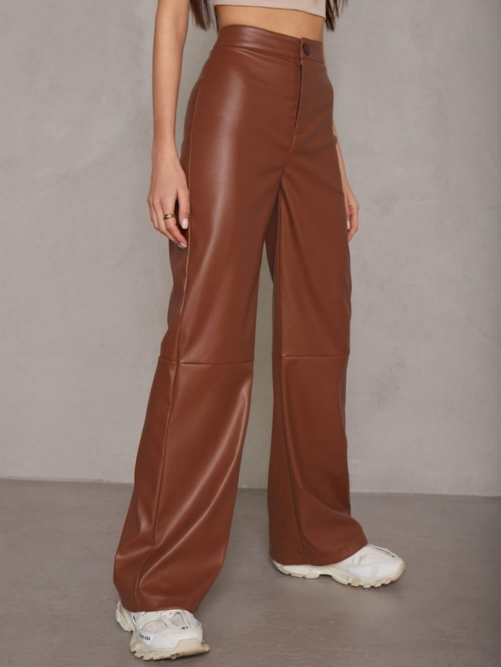 Casual High Waist PU Wide Leg Pants