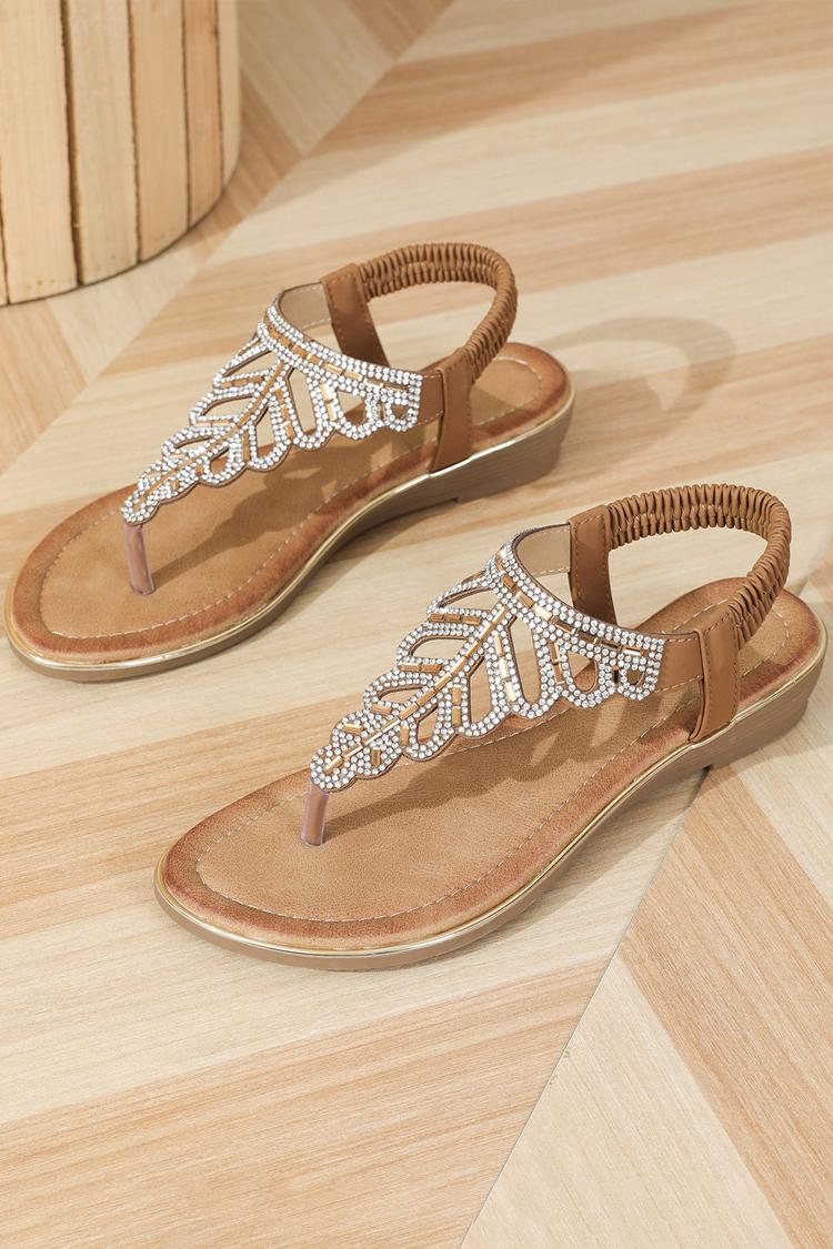 Hollow Out Rhinestone Decor Boho Style Flip Flops Wedge Sandals