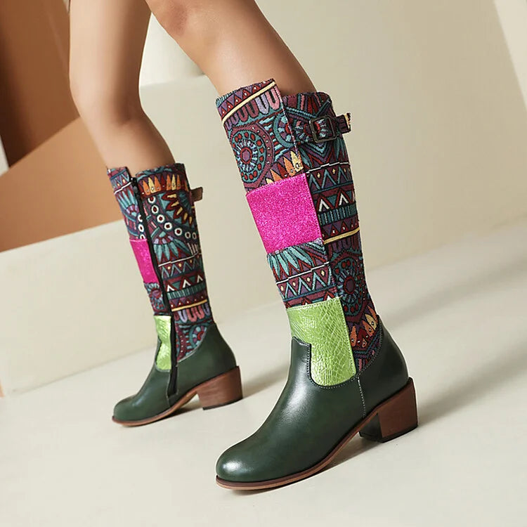 Farbblock-Patchwork-Stammesmuster-Stiefel mit runder Zehenpartie und mittelhoher Wade