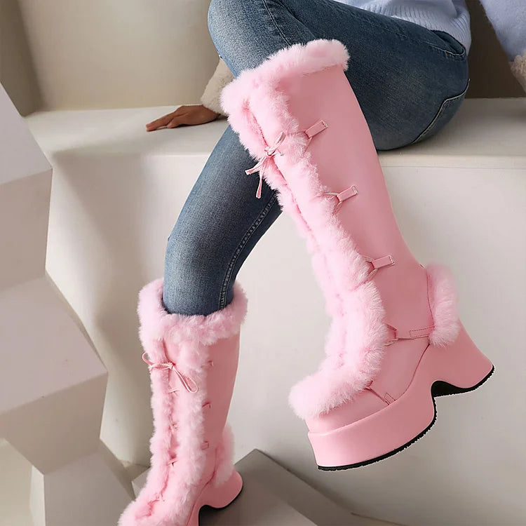 Fluffy Trim Lace Up Round Toe Chunky Heel Platform Snow Boots