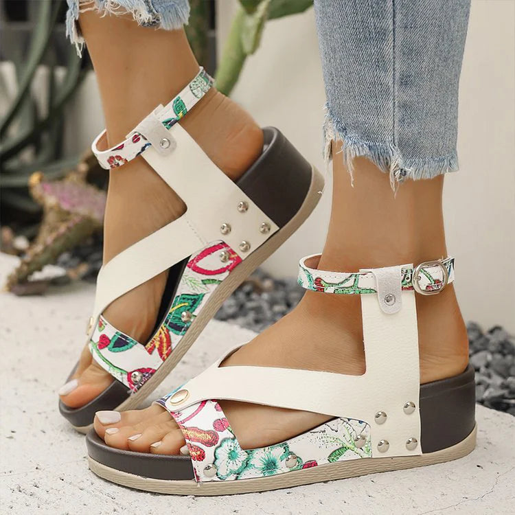 Leopard Print Metal Rivets Ankle Strap Buckle Round Toe Wedge Sandals