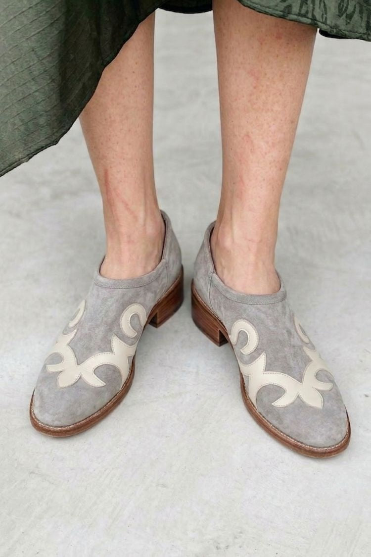 Grey Suede Applique Patchwork Round Toe Block Heels [Pre Order]