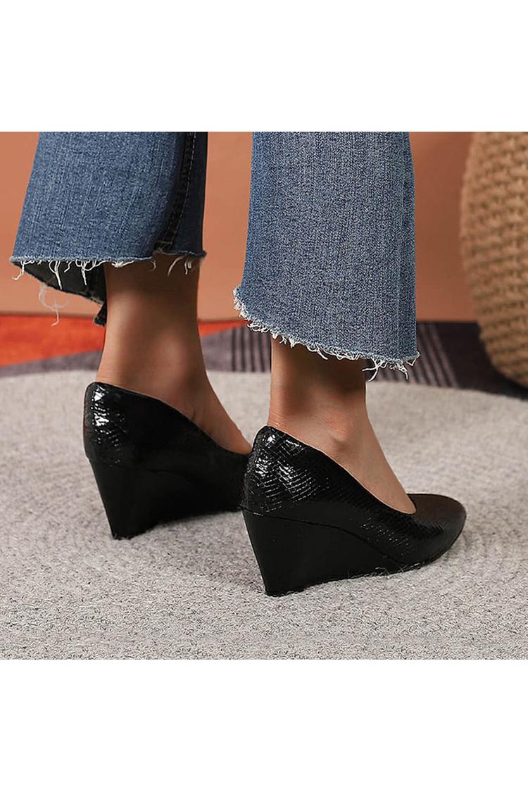 Scarpe con tacco a zeppa casual a punta con stampa serpente in tinta unita