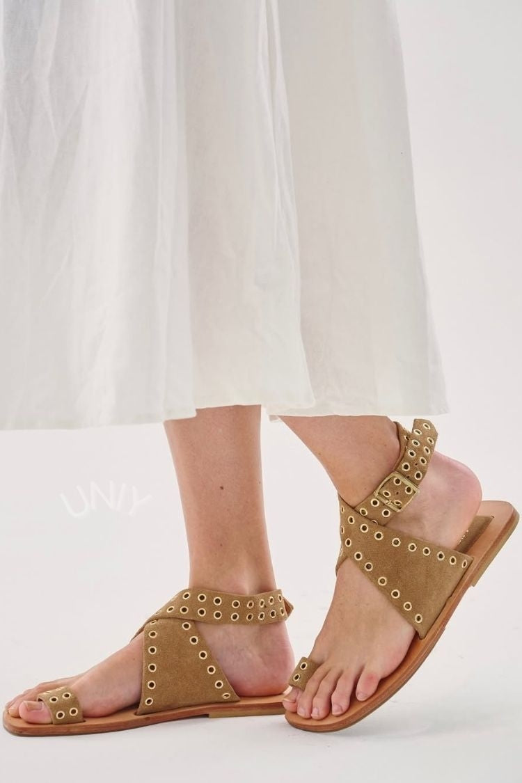 Chic Camel Faux Suede Studded Strappy Flat Sandals [Pre Order]