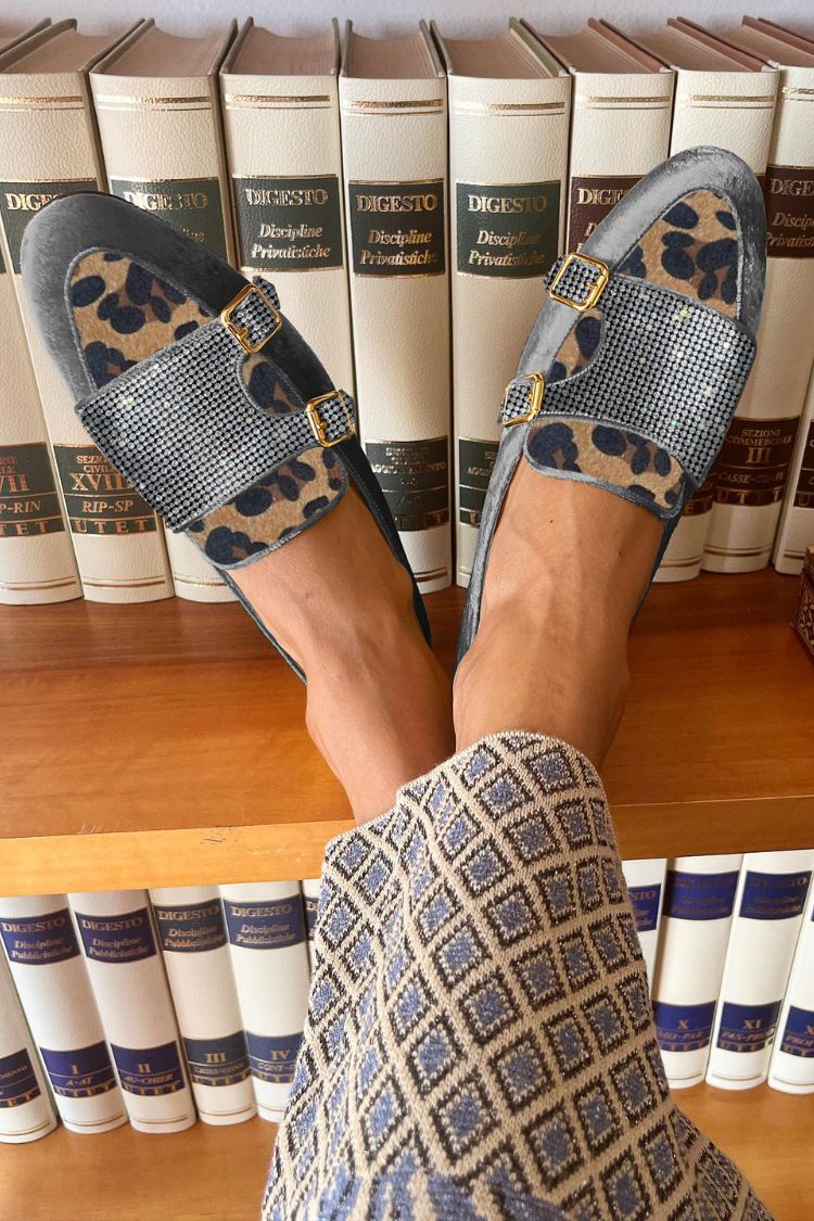 Trendige graue Leoparden-Patchwork-Pailletten-Loafer mit rundem Zehenbereich [Vorbestellung]