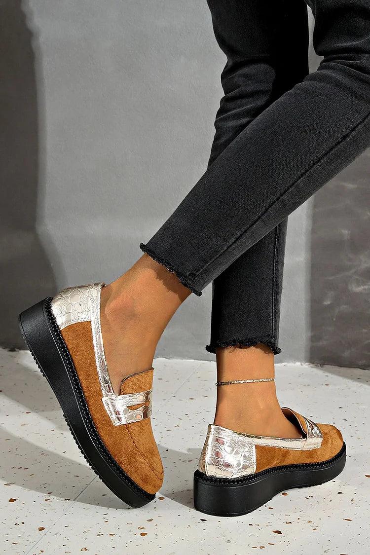 Metallic Sheen Patchwork Round Toe Casual Slip On Loafers