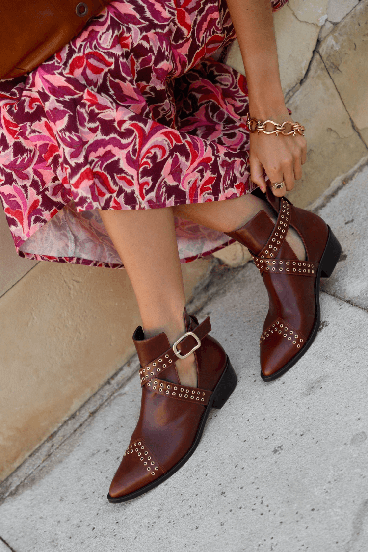 Vintage Studded Buckle Straps Pointy Leather Ankle Boots [Pre Order]