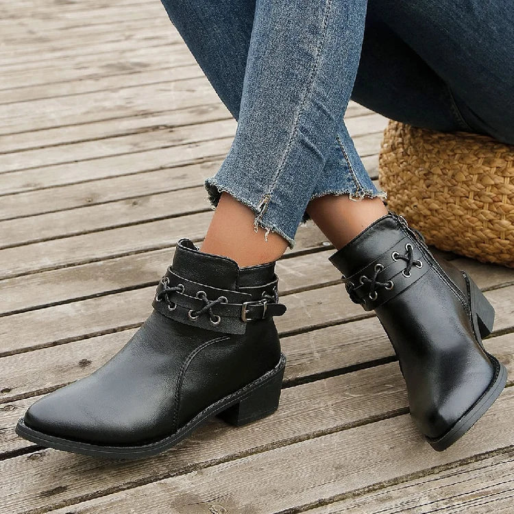 Patchwork Pointed Toe Strap Buckle Decor Low Block Heel Ankle Boots