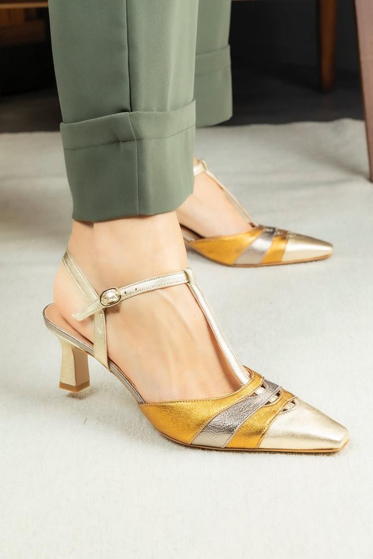 Colorblock T-Strap Buckle Square Toe Gold Low Heels [Pre Order]
