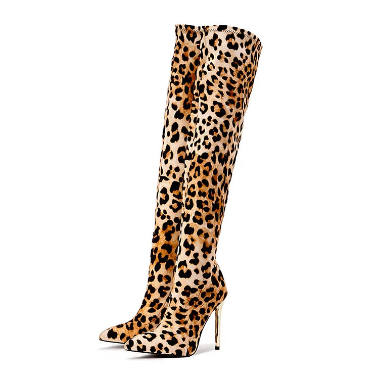 Leopard Print Pointed Toe Stiletto Heel Pull On Over The Knee Boots