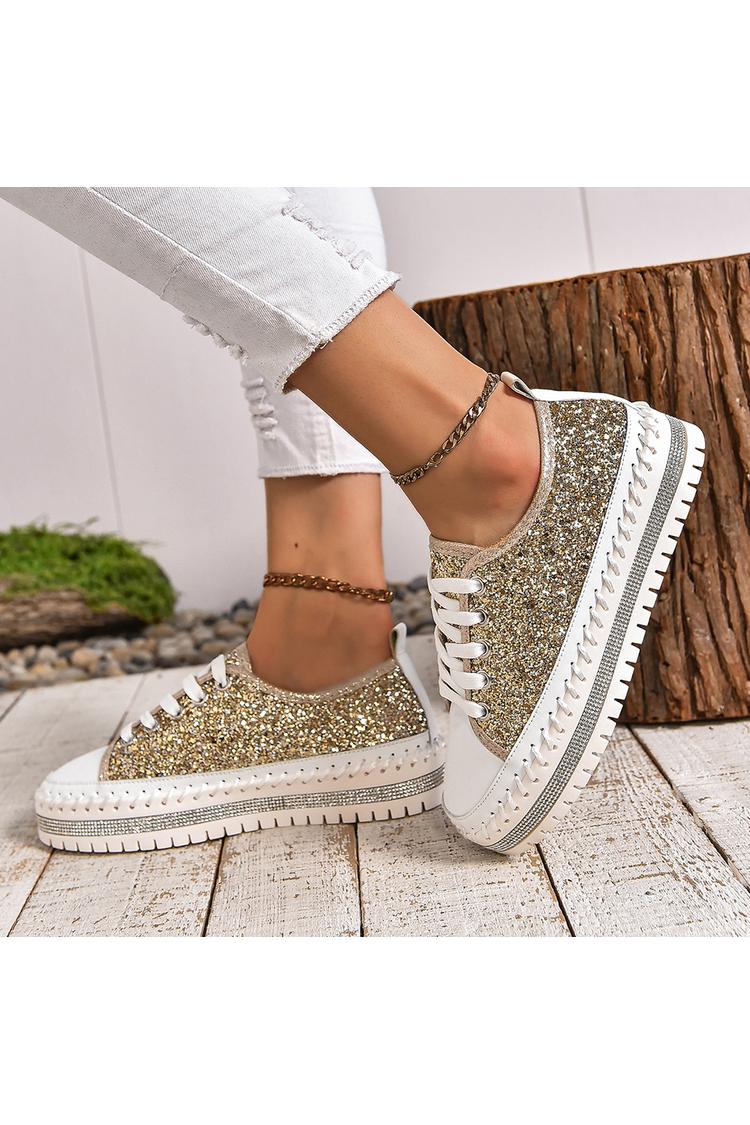 Sneakers casual con lacci e punta tonda con patchwork scintillante e dettagli cuciti 