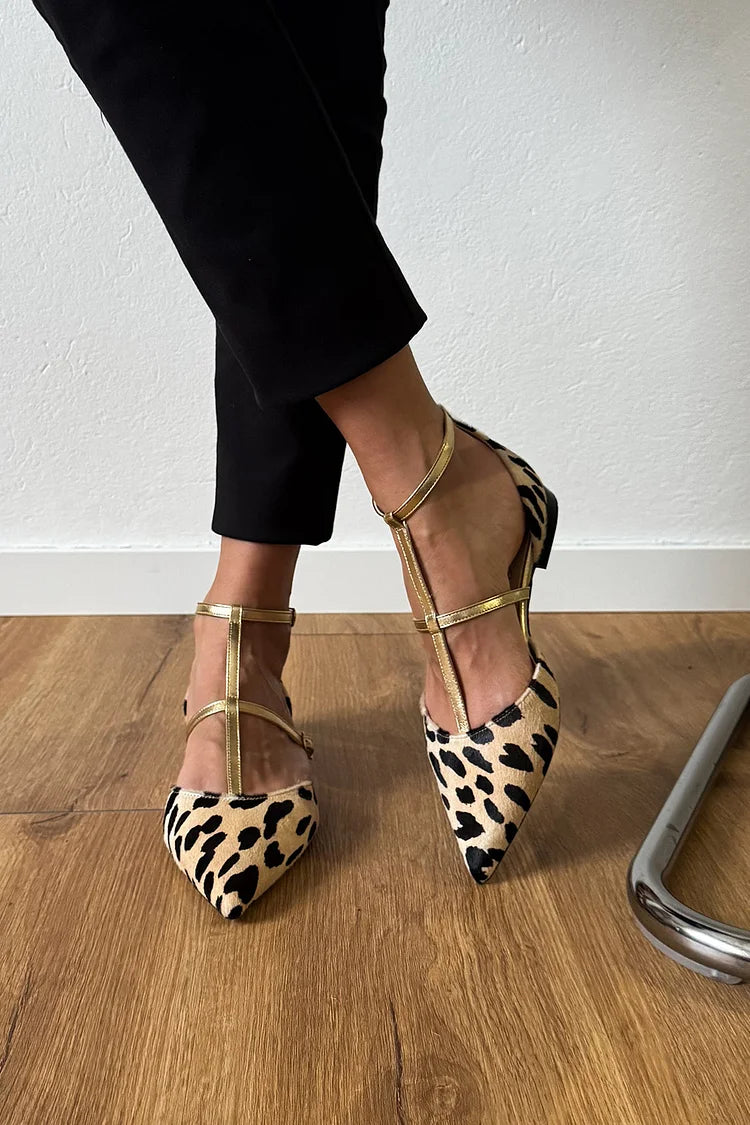 Cross Strap Buckle Cow Pattern Pointed Toe Beige Flats [Pre Order]