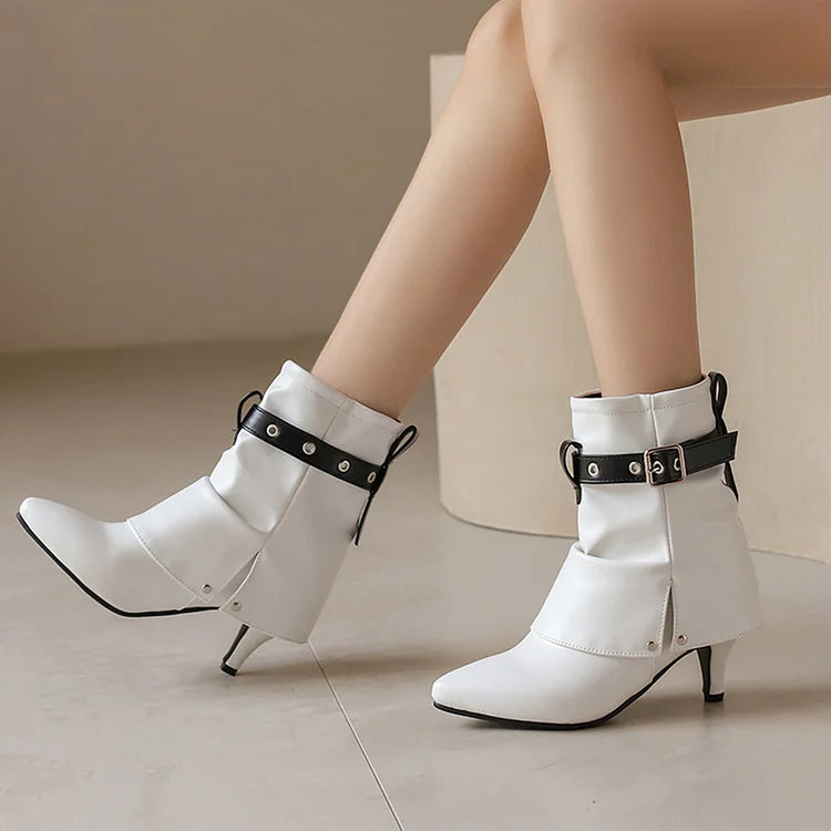 Colorblock Strap Buckle Fold Over Pointed Toe Kitten Heel Ankle Boots