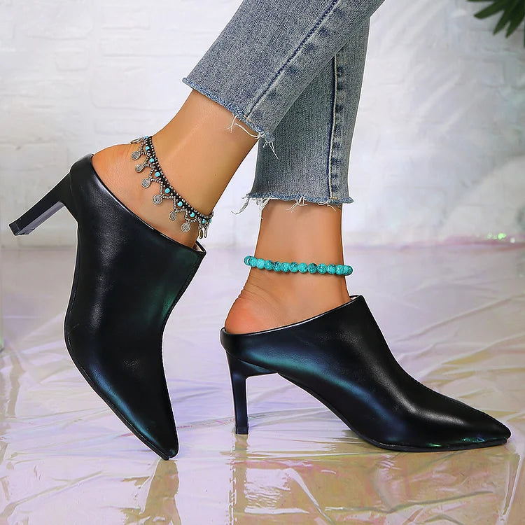 Solid Color Stitch Detail Pointed Toe Slip On Chunky Heels