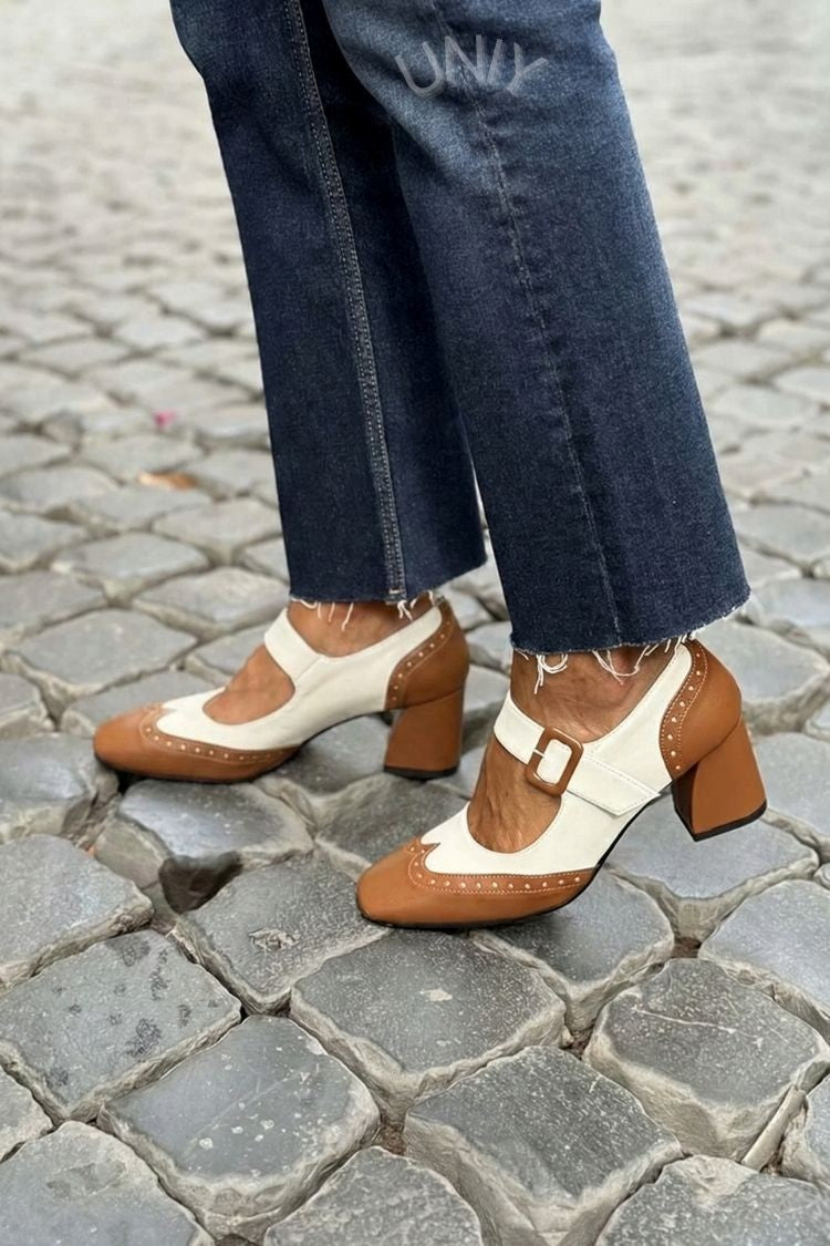 Patchwork Square Toe Instep Strap Buckle Low Heels