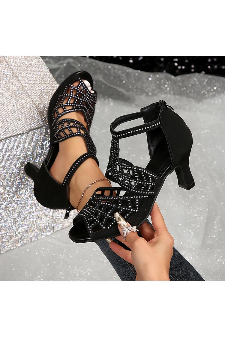 Scarpe con tacco grosso, punta aperta, cinturino alla caviglia con strass 