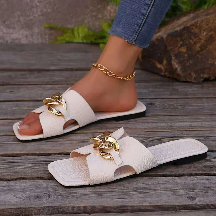 Metal Chain Decor Snake Print Cutout Square Toe Slippers
