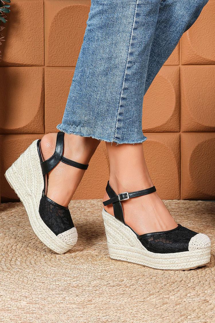 Sandali con zeppa casual con punta tonda, cinturino alla caviglia, fibbia e patchwork in pizzo 