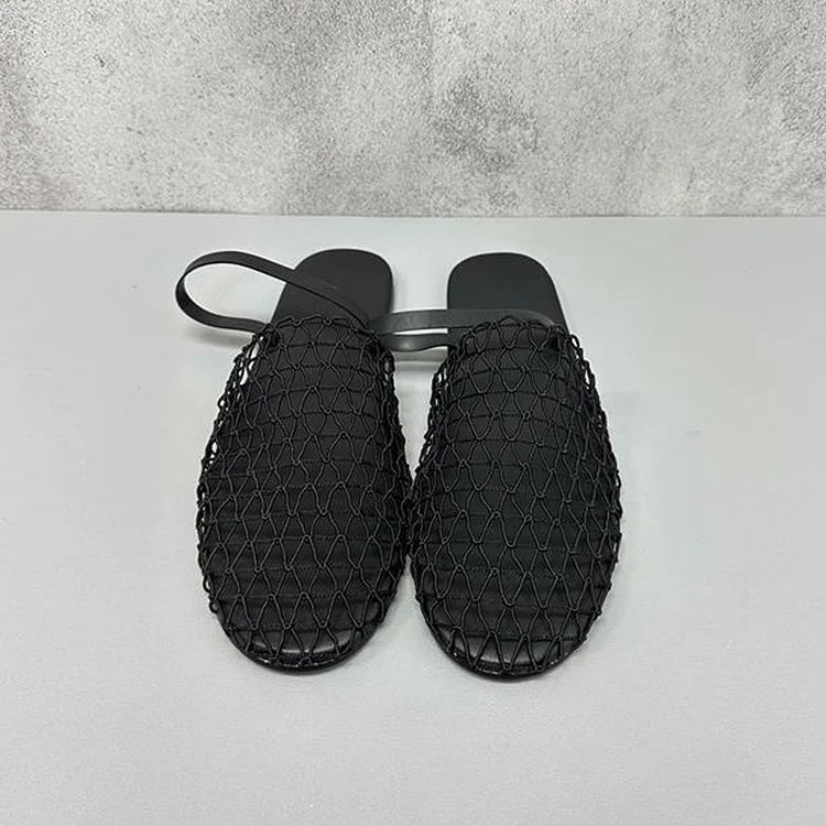 Hollow Out Fishnet Round Toe Casual Flat Sandals