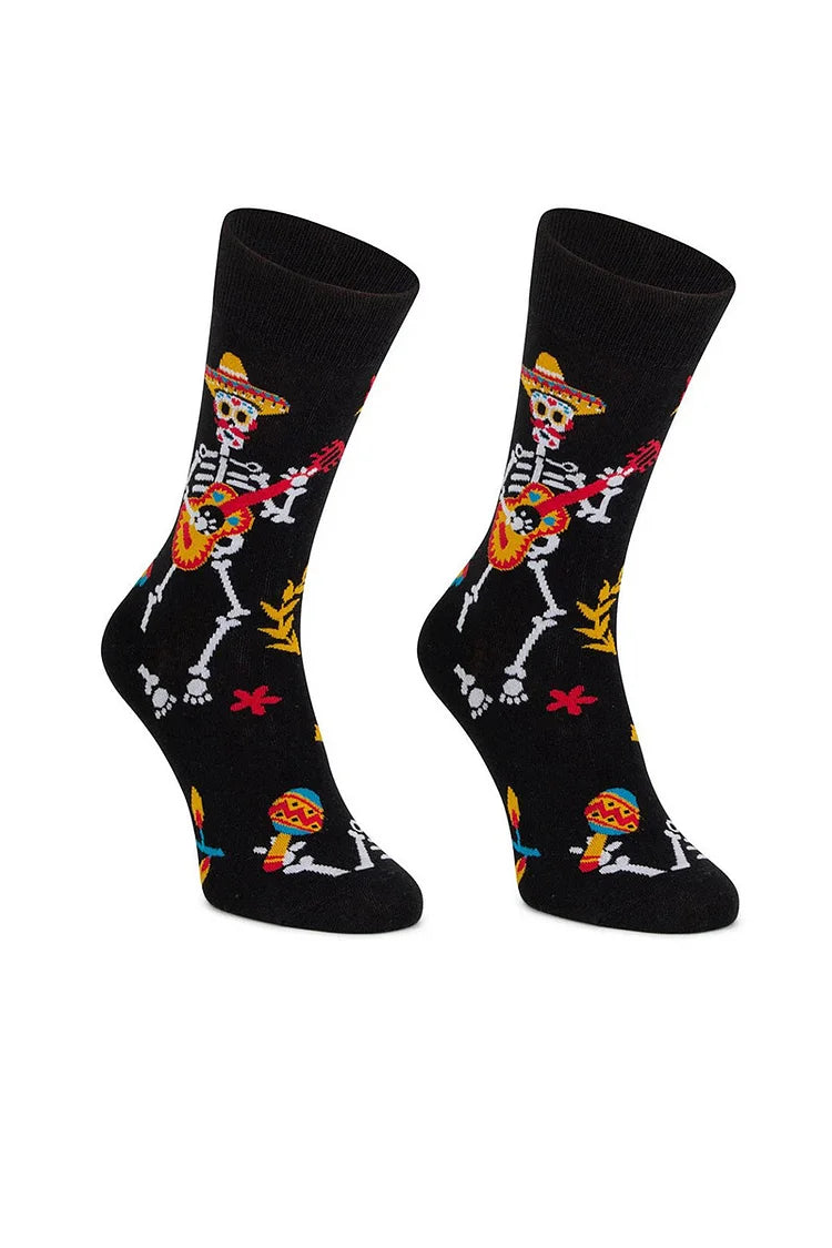 Calcetines de media pantorrilla con estampado floral de calavera y esqueleto multicolor para Halloween 