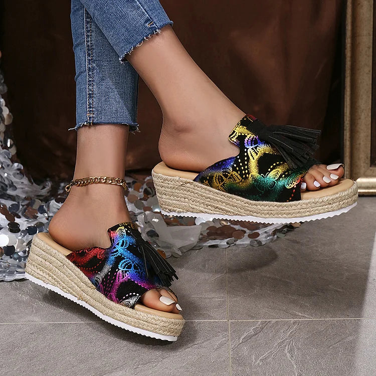 Bronzing Butterfly Print Tassels Trim Platform Wedge Espadrille Slippers