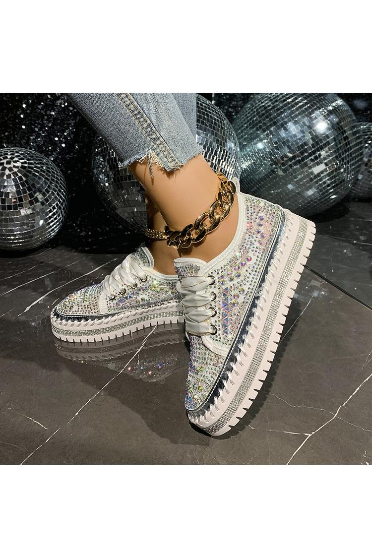 Sneakers casual con plateau e lacci, punta rotonda, decorazioni geometriche in strass 